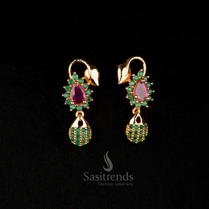 Twilight dual-tone micro gold AD teardrop drop earrings with ruby and green stones, ideal for festive luxury and traditional celebrations – Sasitrends