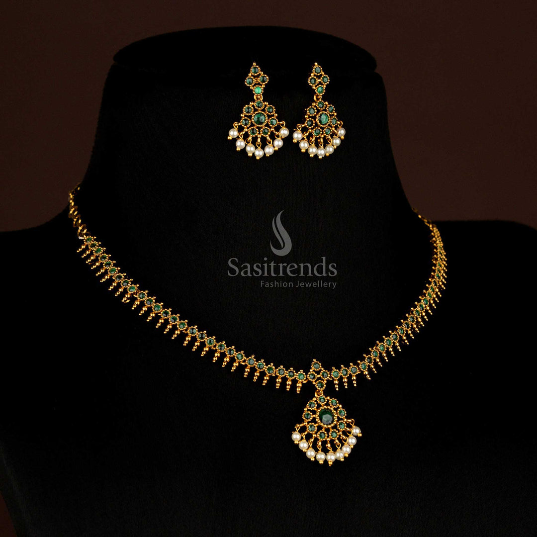 Emerald-inspired temple matte gold plated AD stone necklace with green circular floral motifs, designed for traditional celebrations and temple occasions – Sasitrends