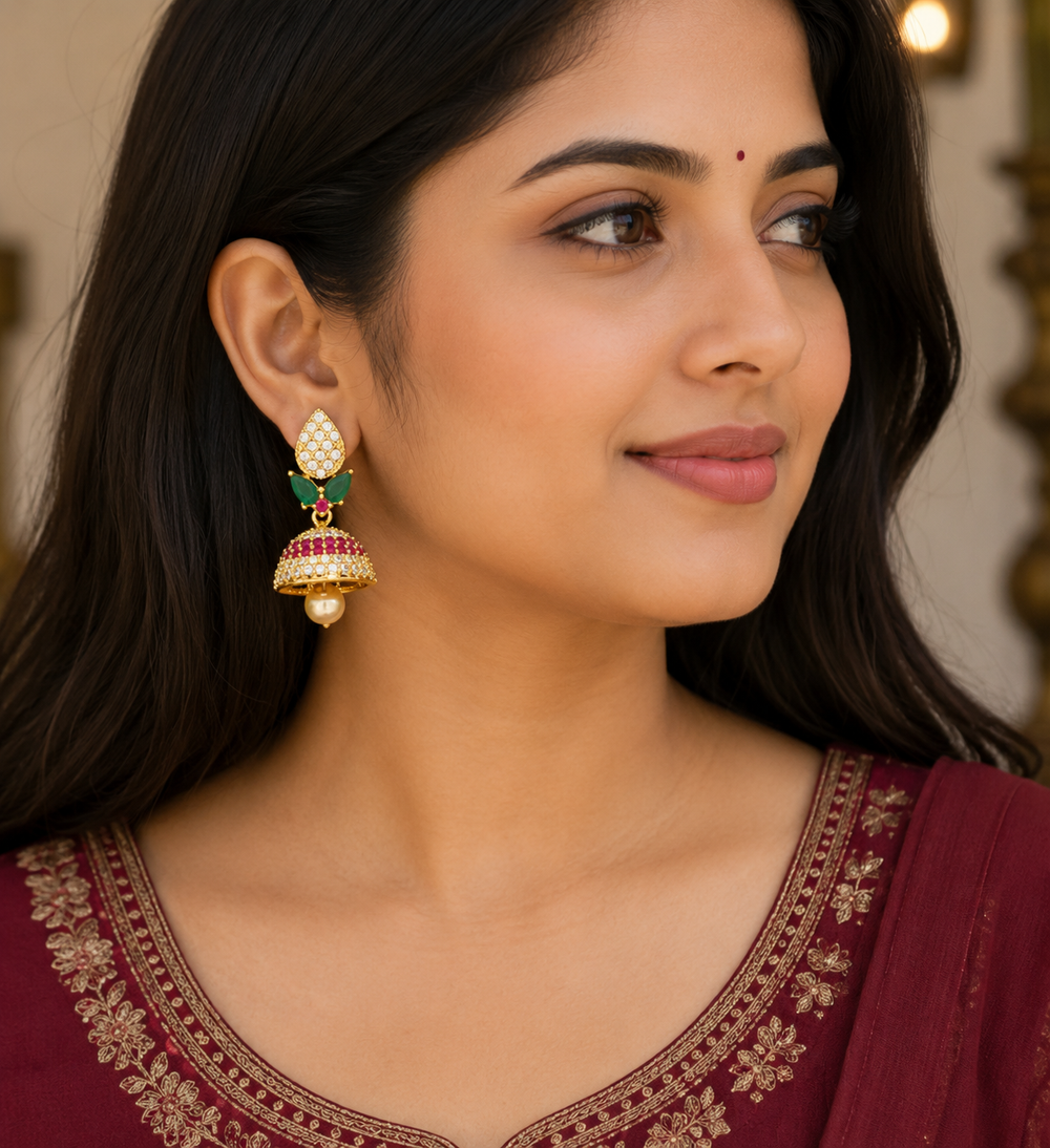 Party wear micro gold plated american diamond earrings model image - Sasitrends