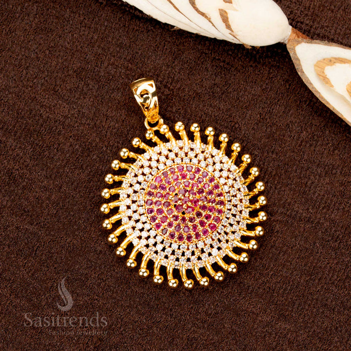 A radiant one-gram gold plated Chakara pendant featuring glittering white-ruby stones, a stunning festive jewellery statement piece