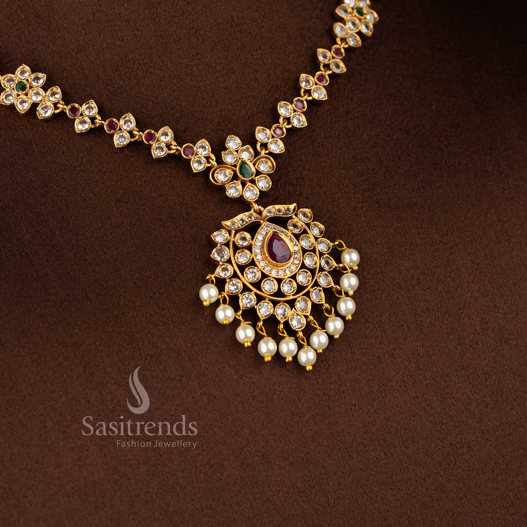 Elegant multi matte gold flower AD necklace set, perfect jewellery for festive and wedding saree wear - Sasitrends