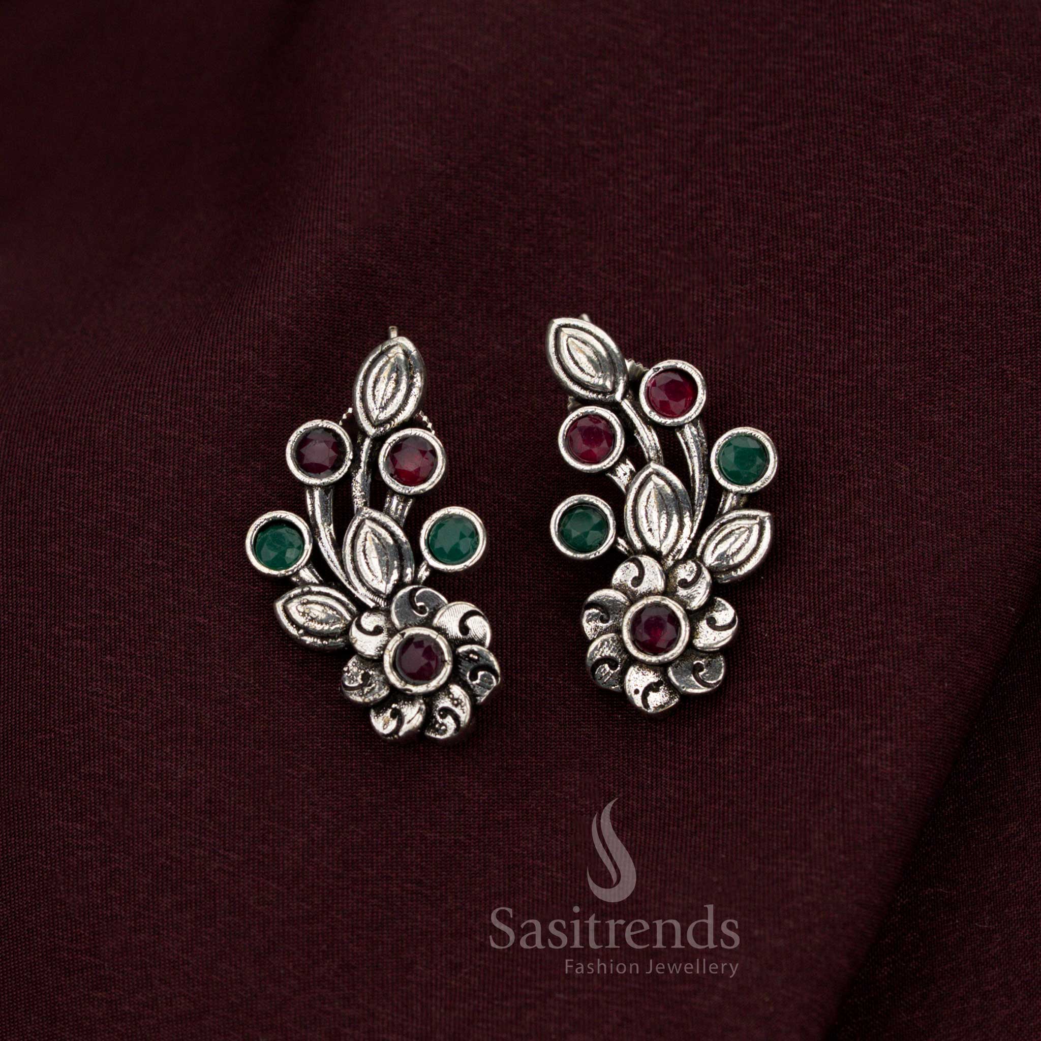 Exquisite ruby green oxidised floral earrings adorned with celestial craftsmanship crafted for legacy refinement noble grace and aristocratic jewellery splendour – Sasitrends
