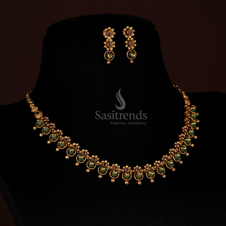 Exquisite Premium Temple Matte Gold Green Pearl Necklace Jewellery Set Crafted For Opulent Bridal Gathering – Sasitrends