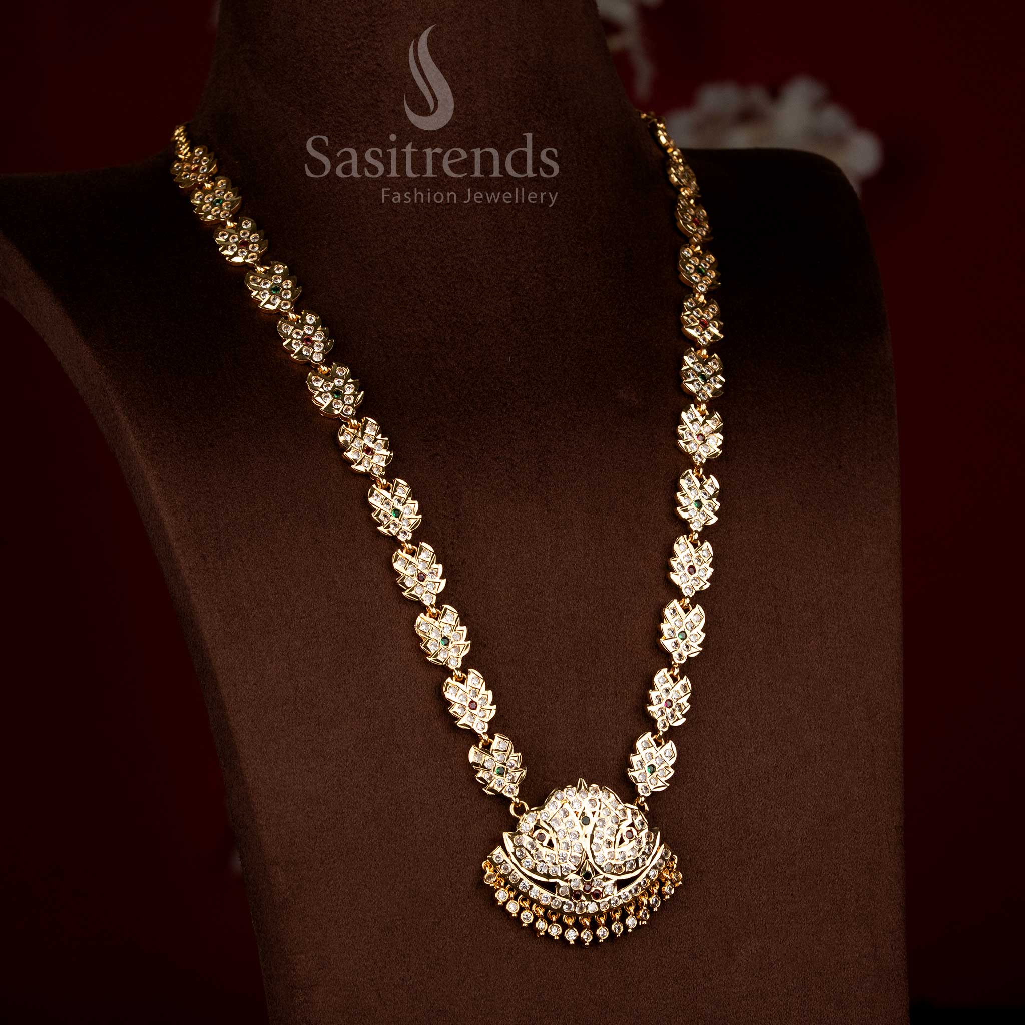 Vibrant impon addigai micro gold plated long haram necklace with decorative lotus leaf work multi colour for festive gatherings Sasitrends