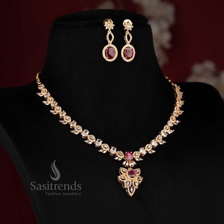 Heritage white ruby leaf design American diamond micro gold plated necklace set with oval highlights, graceful jewellery resembling real gold for cultural events - Sasitrends