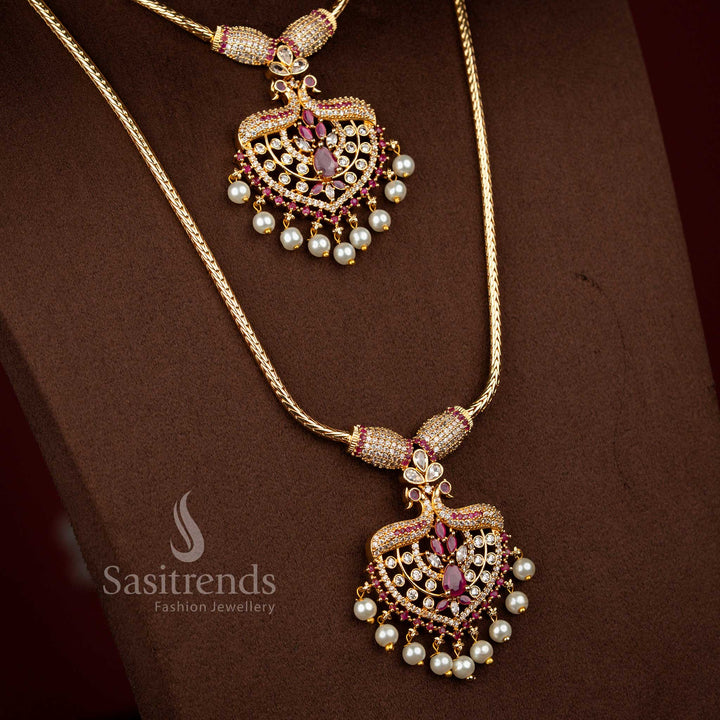 Royal micro gold plated peacock AD chain combo necklace in white ruby combination perfect for bridal wear – Sasitrends