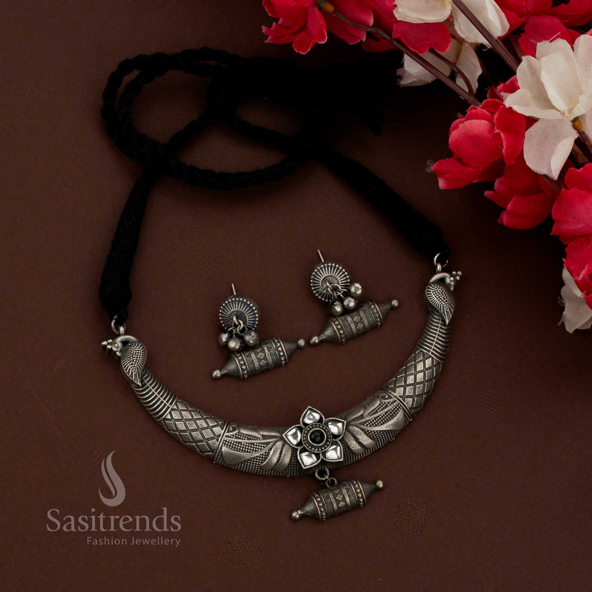 Regal oxidised peacock husli necklace set with white and black stones perfect for traditional functions and special occasions – Sasitrends