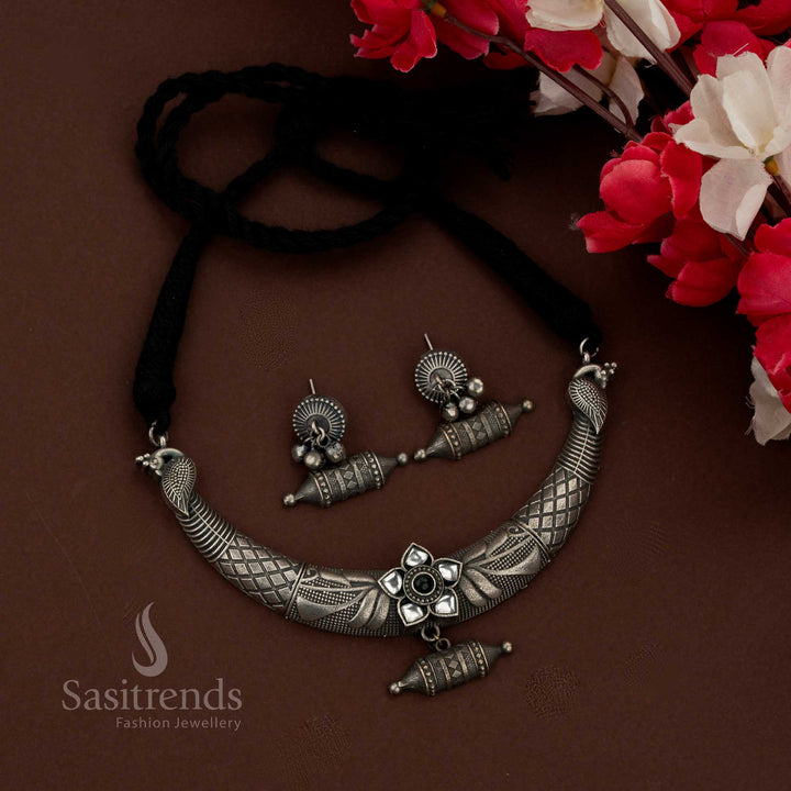 Regal oxidised peacock husli necklace set with white and black stones perfect for traditional functions and special occasions – Sasitrends