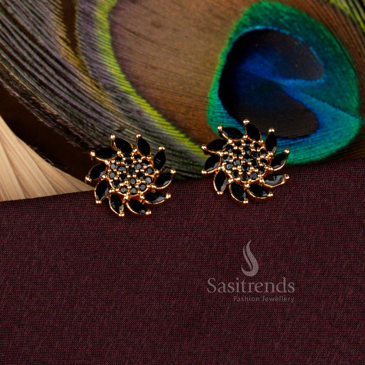 Elegant black floral AD stud earrings enriched with micro gold plated artistry in a 24 carat pure gold glow, perfect for temple jewellery styling, wedding ceremonies, and festive events - Sasitrends