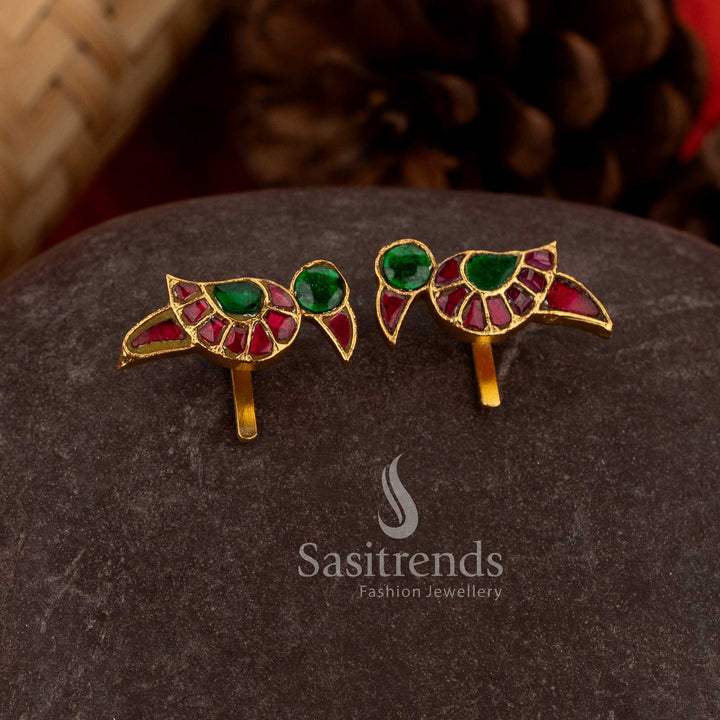 Royal ruby green kundan jadau bugadi ear cuffs highlighting parrot design for festive styling - Sasitrends
