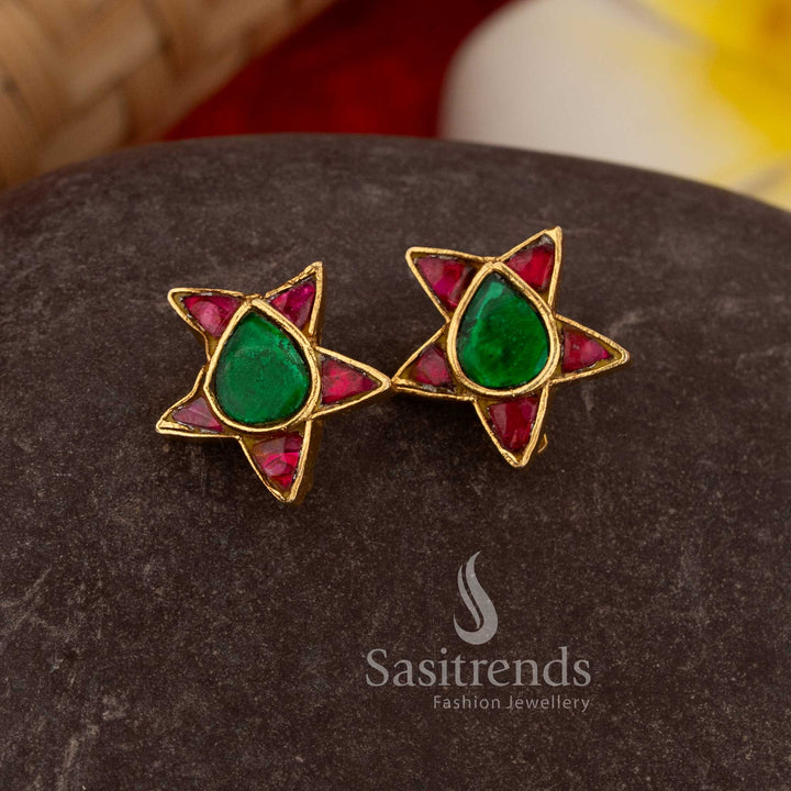 Royal ruby green kundan jadau bugadi ear cuffs featuring star pattern teardrop stones pearls - Sasitrends