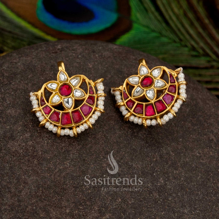 Royal ruby white kundan jadau bugadi ear cuffs featuring pearl accents for ceremonial wear - Sasitrends