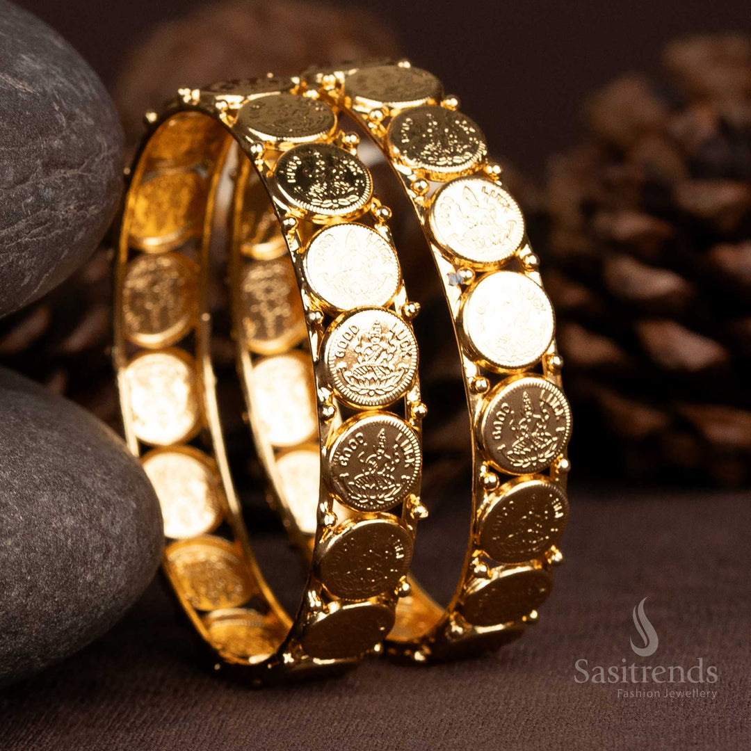 24K pure micro gold plated Lakshmi coin bangles crafted with timeless temple artistry – a bridal traditional jewellery piece that radiates cultural opulence and sacred grace – Sasitrends