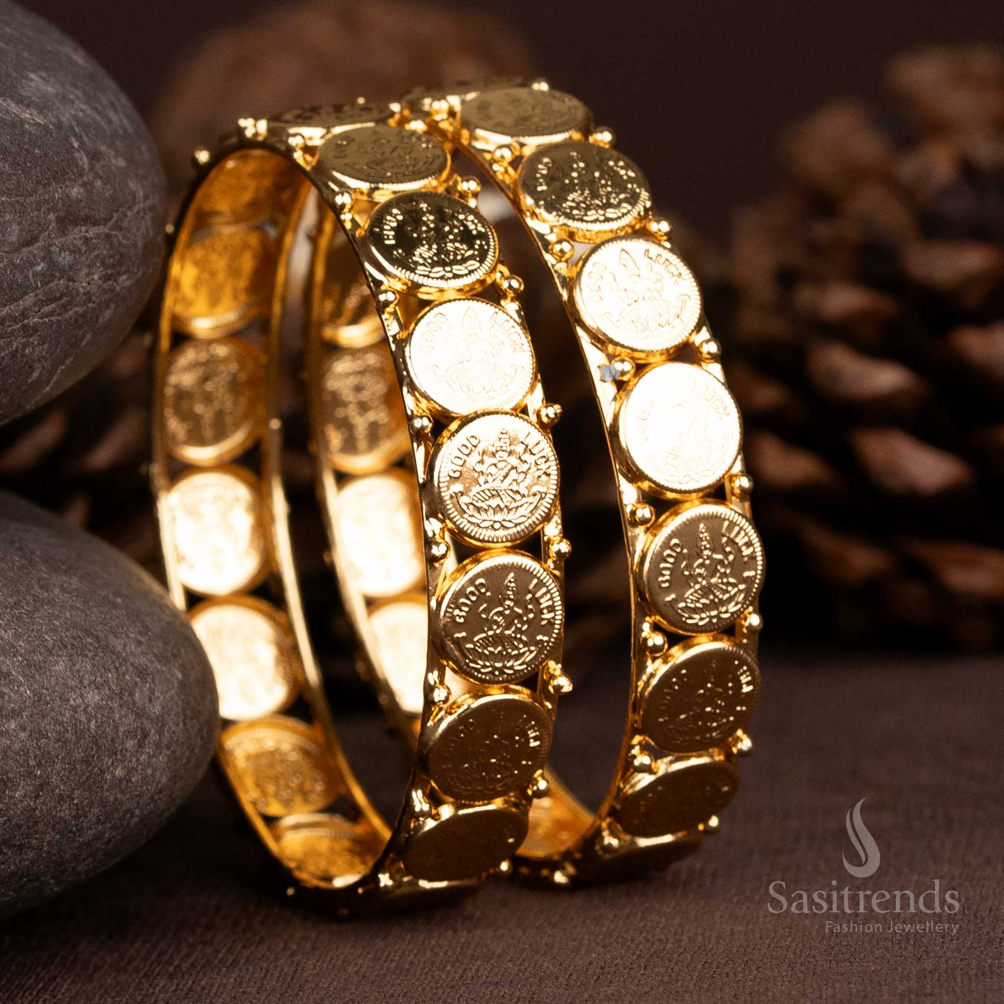 24K pure micro gold plated Lakshmi coin bangles crafted with timeless temple artistry – a bridal traditional jewellery piece that radiates cultural opulence and sacred grace – Sasitrends