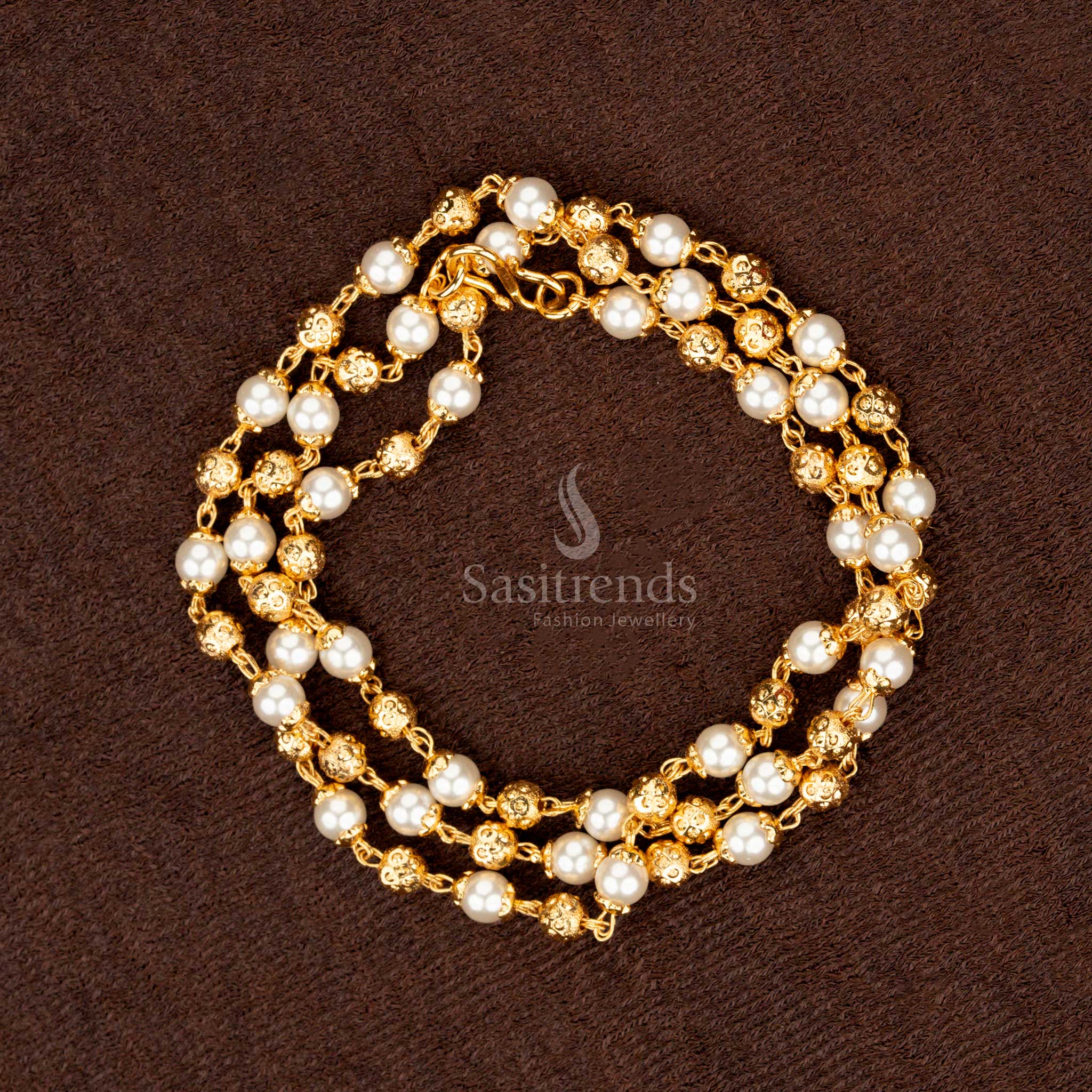 Opulent 5MM Golden Ball and Pearl Chain – Finely Crafted Micro Gold Finish Ethnic Necklace Jewellery for Bridal and Festive Wear- Sasitrends 