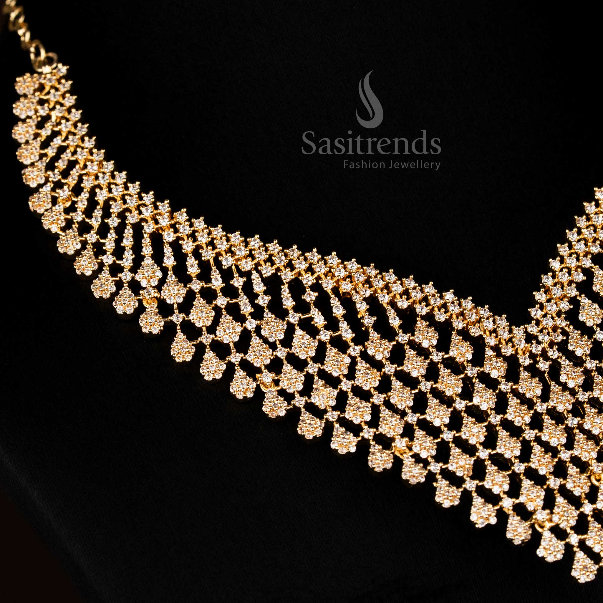 Opulent Gold Plated Lotus V-Pattern Necklace adorned with radiant American Diamonds, designed to elevate grand events with royal elegance – Sasitrends
