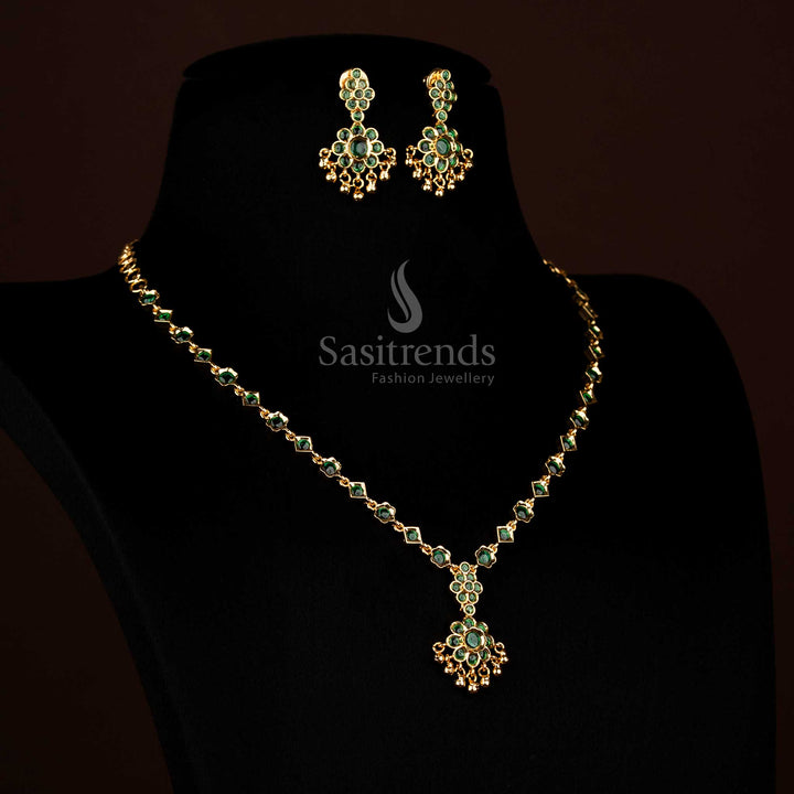 Radiant American Diamond Micro Gold Plated Floral Necklace Set with Golden Beads for Party Wear