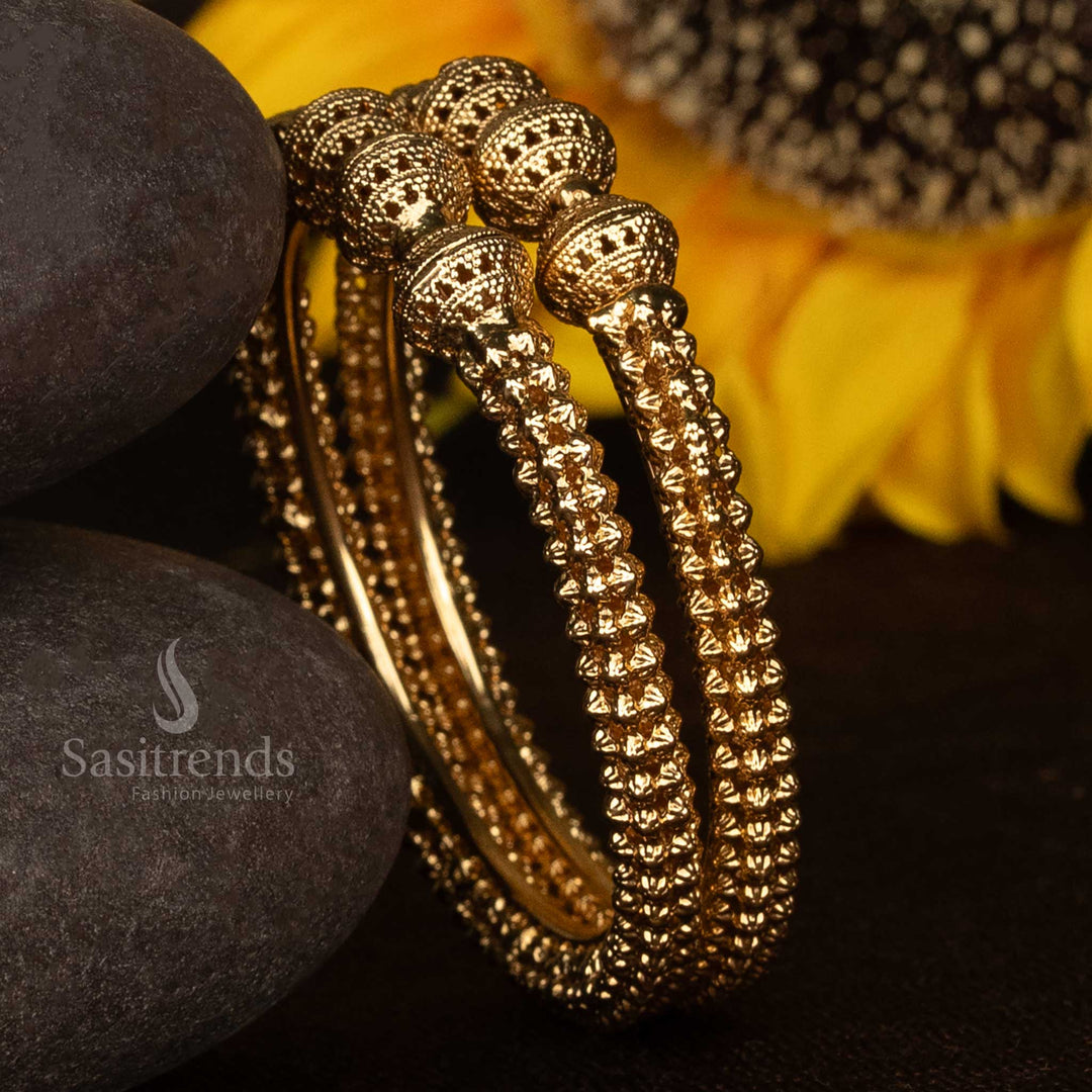 Heritage-inspired antique temple bangles in gold tone with peacock motif and detailed engravings – traditional one gram finish jewellery perfect for festive sarees and classic looks – Sasitrends