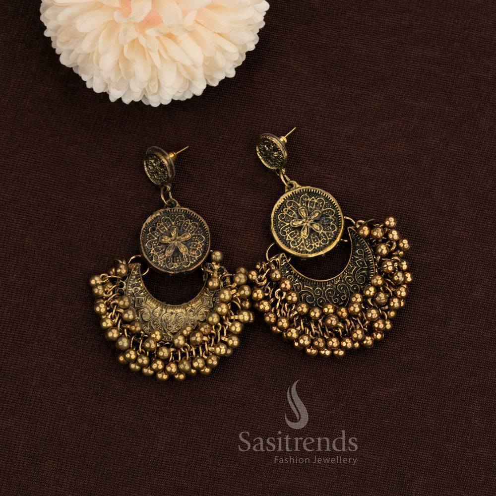 Antique Gold Plated Chandi Bali Earrings With Intricately Detailed Floral Stud And Royal Beaded Arch Design, Bringing A Sense Of Luxury To Bridal And Festive Fashion – Sasitrends