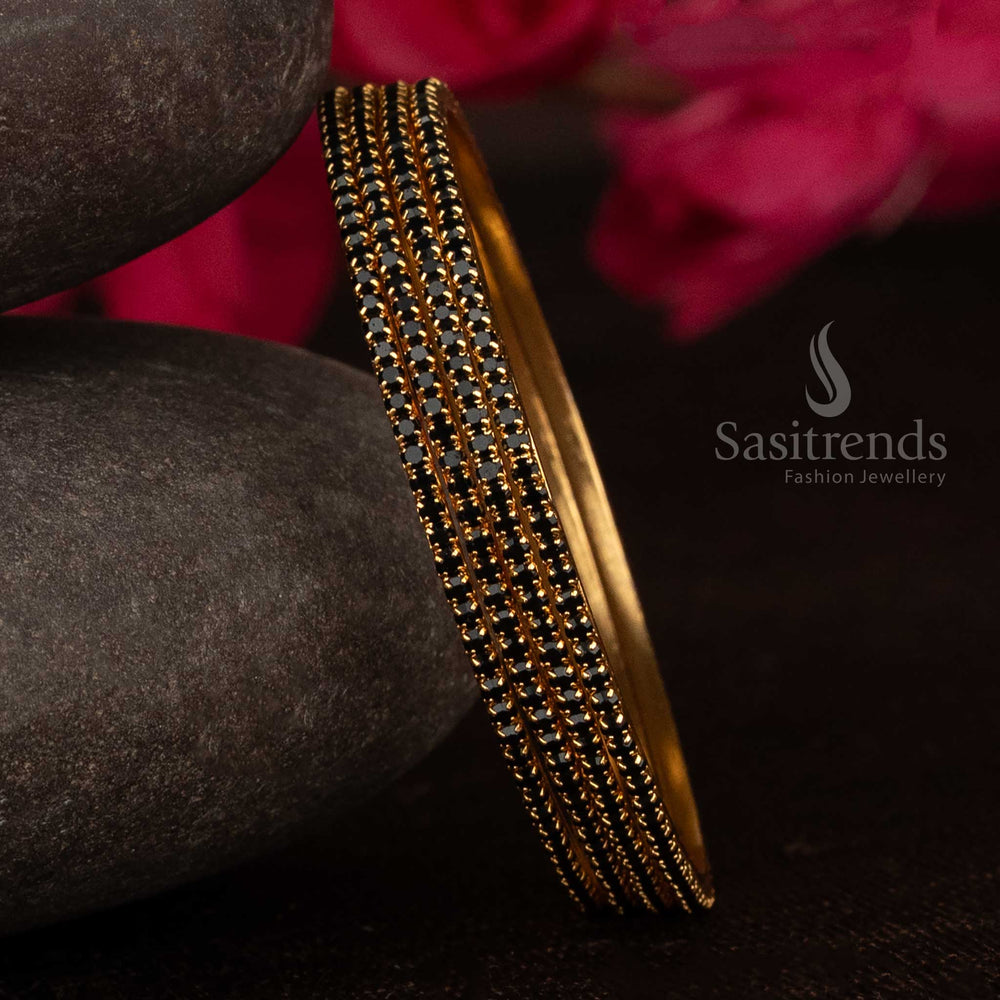Elegant Temple Wear Micro Gold Plated Bangles With American Diamond Sparkle And Black Stone Highlights – Set Of 4 Traditional Finish Jewellery For Saree And Ethnic Outfits – Sasitrends

