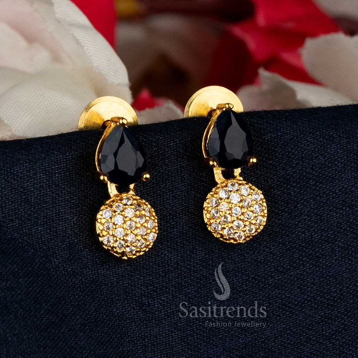 Majestic blue teardrop and round cluster American diamond gold plated earrings inspired by royal elegance for parties and celebrations – Sasitrends