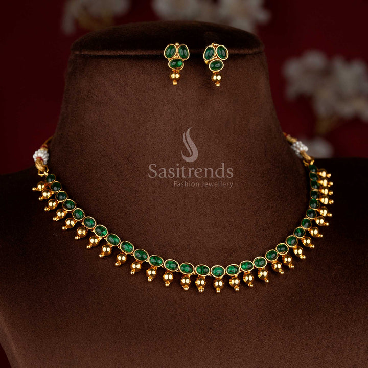 Rich classic antique green Mullapoo temple necklace set with ornamental golden touches for celebration dressing – Sasitrends