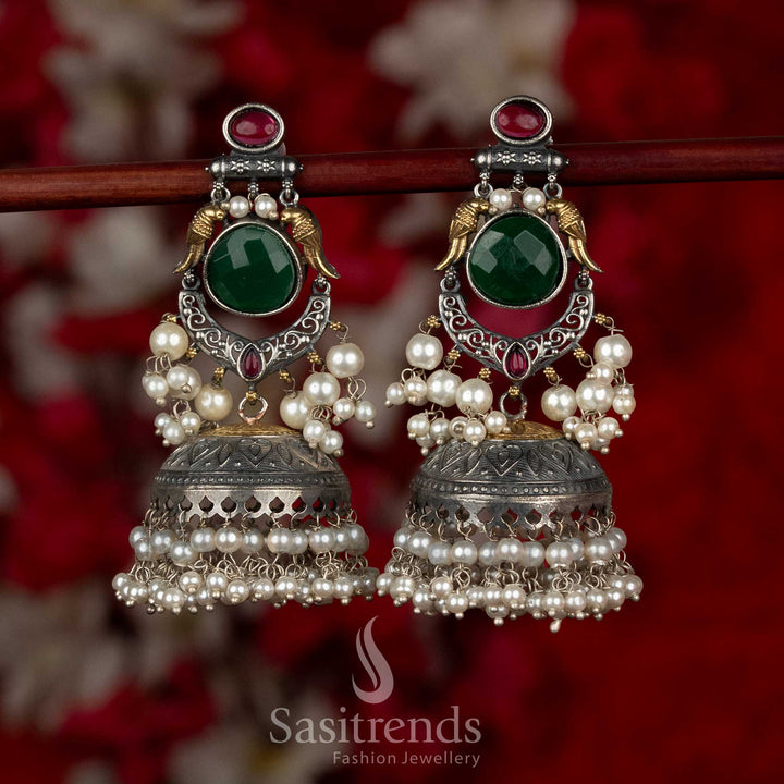 Vibrant dual tone 92.5 silver plated oxidised bird crescent dangler earrings ruby green colour for ethnic parties Sasitrends