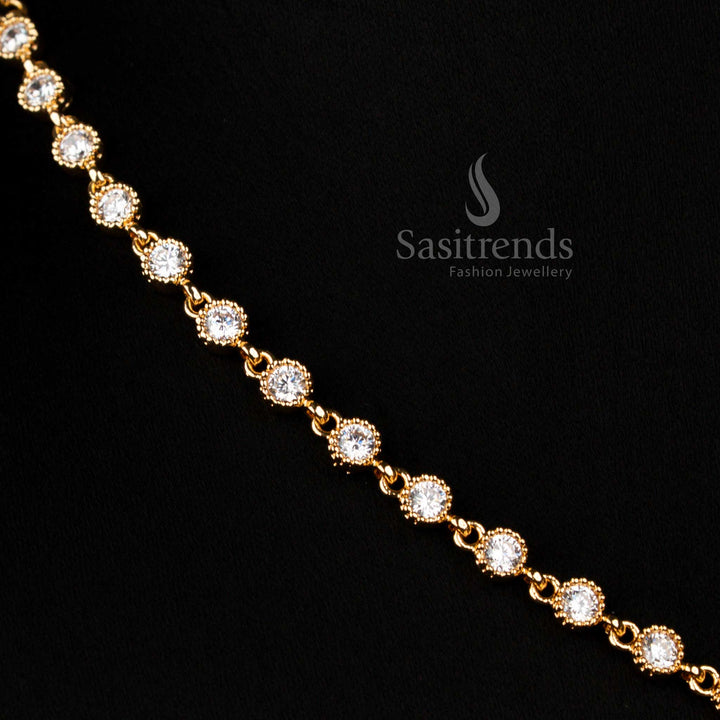 Regal white Guaranteed Impon Addigai Micro Gold Plated Necklace adorned with intricate floral and round AD stones, perfect for festive occasions and grand social gatherings – Sasitrends