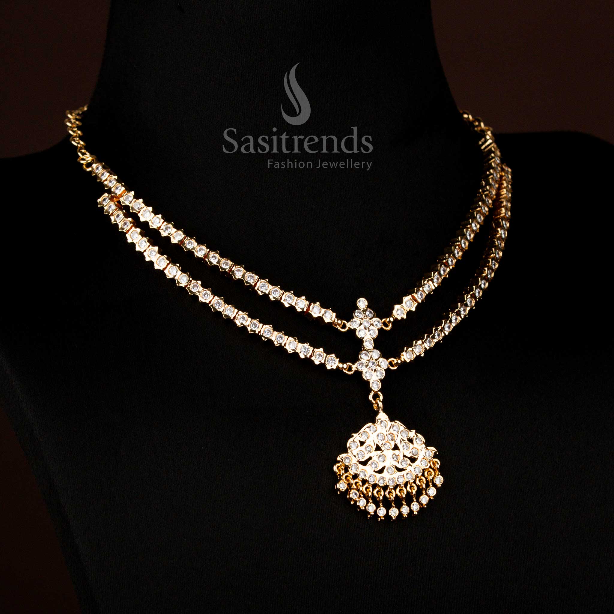 Radiant 24K Micro Gold Plated Panchaloga necklace, white AD double layer elegance for festive occasions – Sasitrends
