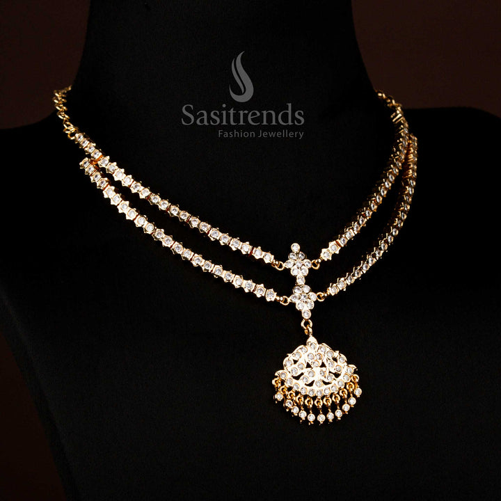 Radiant 24K Micro Gold Plated Panchaloga necklace, white AD double layer elegance for festive occasions – Sasitrends