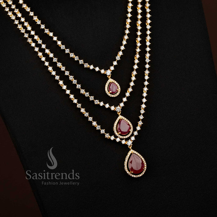 Dazzling white-ruby American diamond necklace jewellery set with micro gold plating and three-tier teardrop stones for party sparkle – Sasitrends
