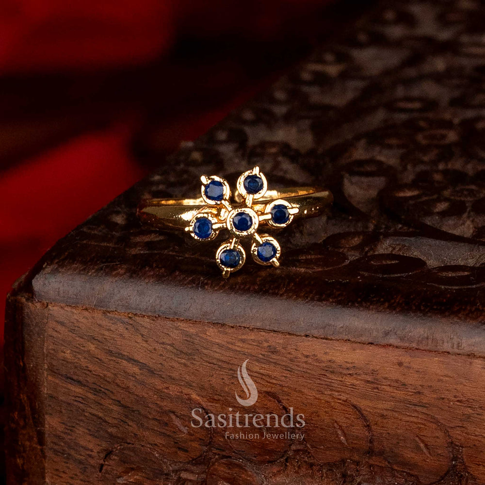 Opulent Impon Addigai Panchaloha micro gold plated blue stone-studded floral ring perfect for grand festive gatherings and traditional attire finishing – Sasitrends