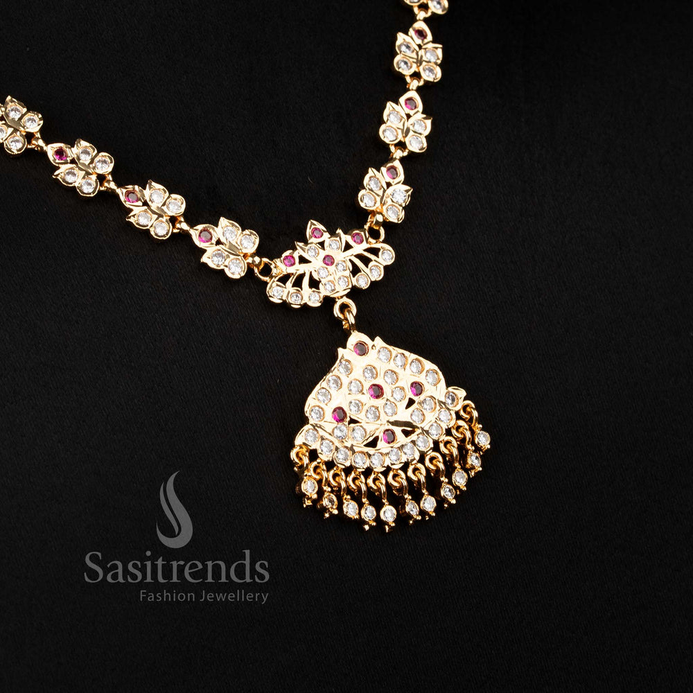 Stunning white-ruby AD necklace by Impon, micro gold plated, featuring a delicate pendant with flowing beads perfect for luxury events – Sasitrends