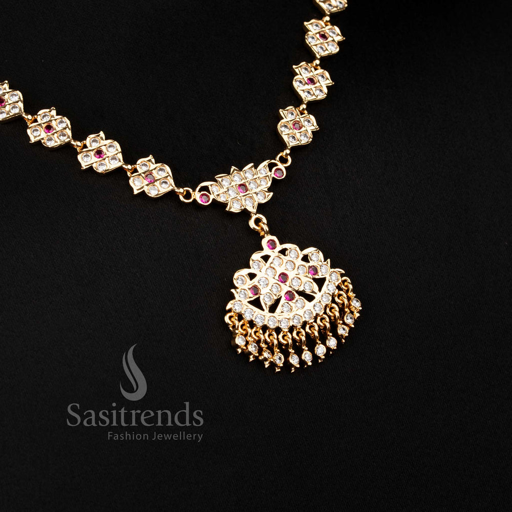 Opulent white-ruby AD necklace micro gold plated by Impon, featuring a designer pendant and bead hangings for luxurious occasions – Sasitrends