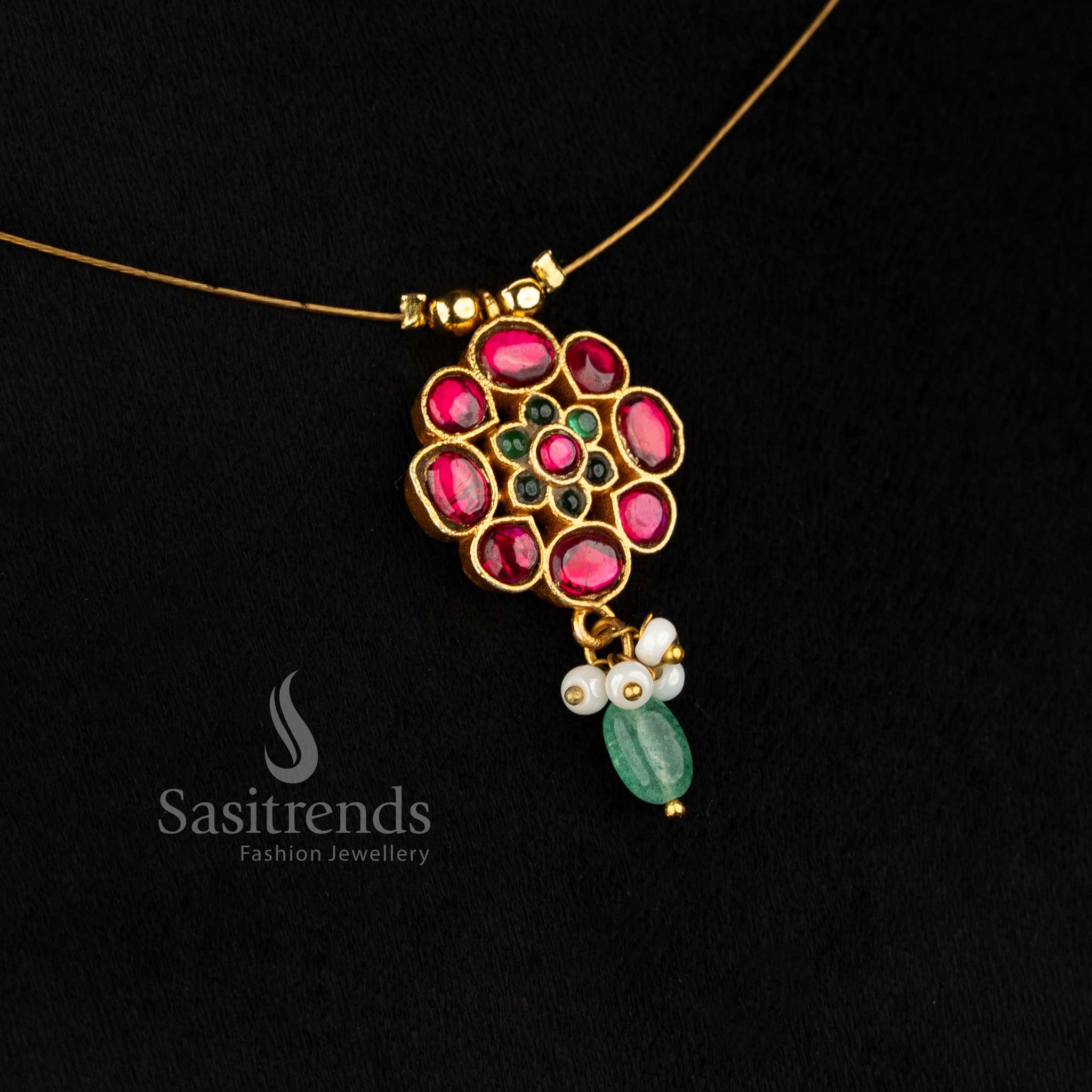 Elegant Jadau 24K gold plated invisible chain necklace with beautifully crafted motifs and delicate pearl accents, perfect for saree styling – Sasitrends
