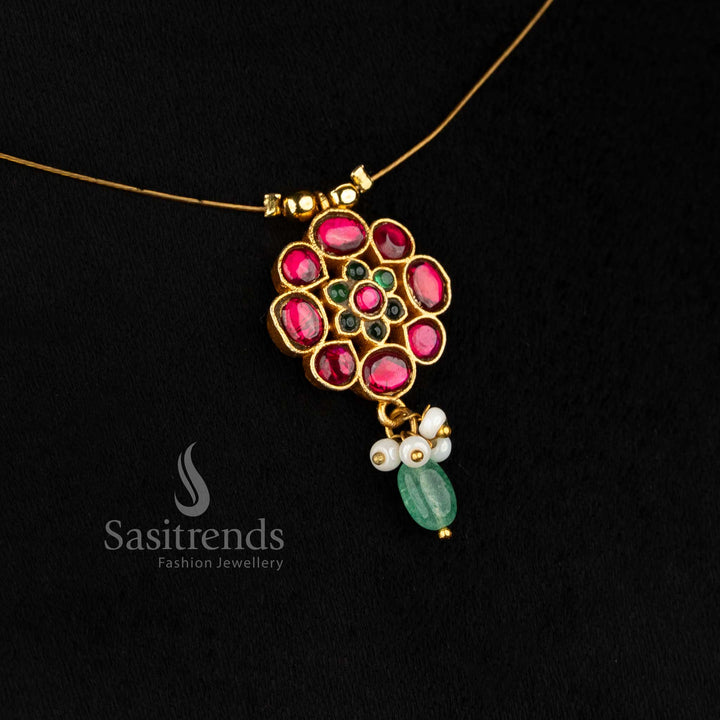 Elegant Jadau 24K gold plated invisible chain necklace with beautifully crafted motifs and delicate pearl accents, perfect for saree styling – Sasitrends