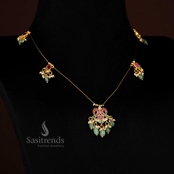 Jadau Invisible Chain 24K Gold Plated Necklace with Variety of Crafted Motifs & Pearl Touch for Saree Styling