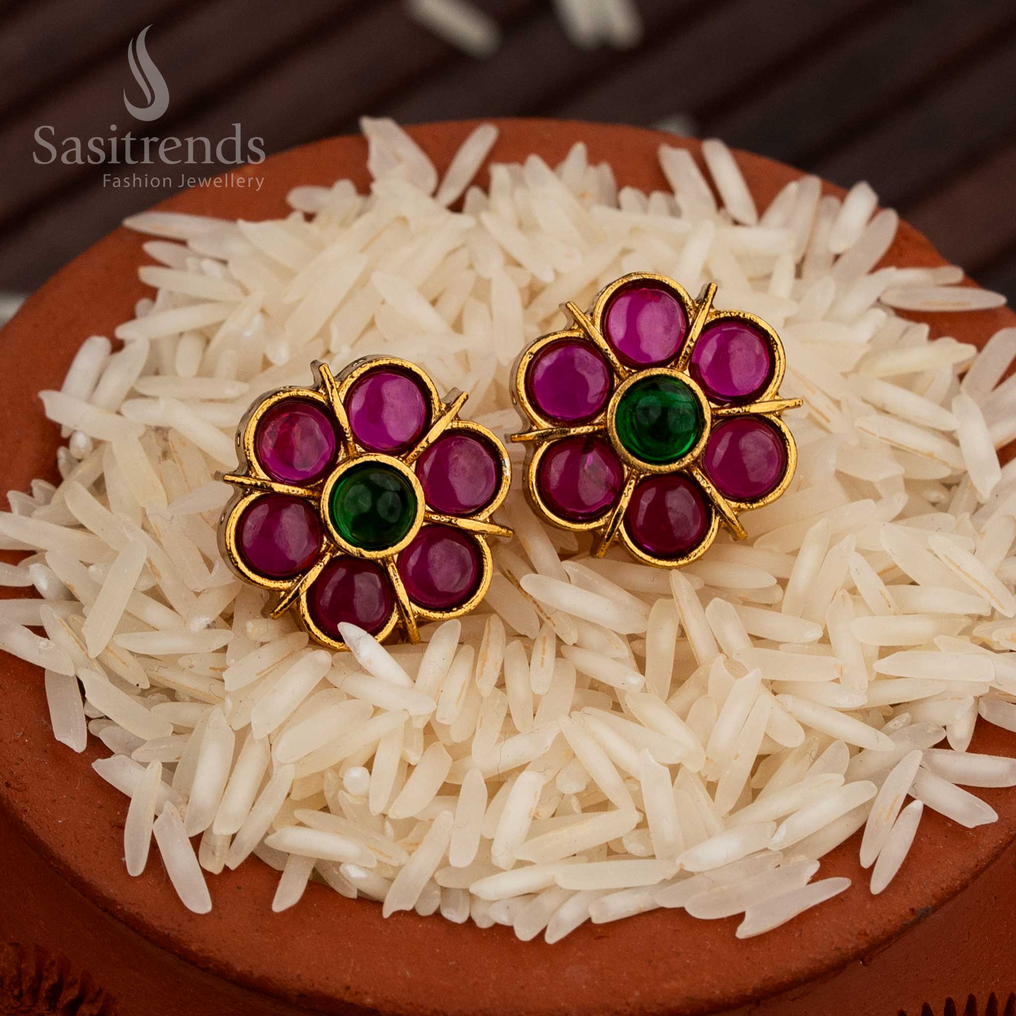 Graceful Matte Gold Plated Flower Pattern Pearl Stud Earrings Featuring Ruby-Green Stone Design And Elegant Craftsmanship, A Classic Traditional Jewellery Piece For Saree Styling – Sasitrends