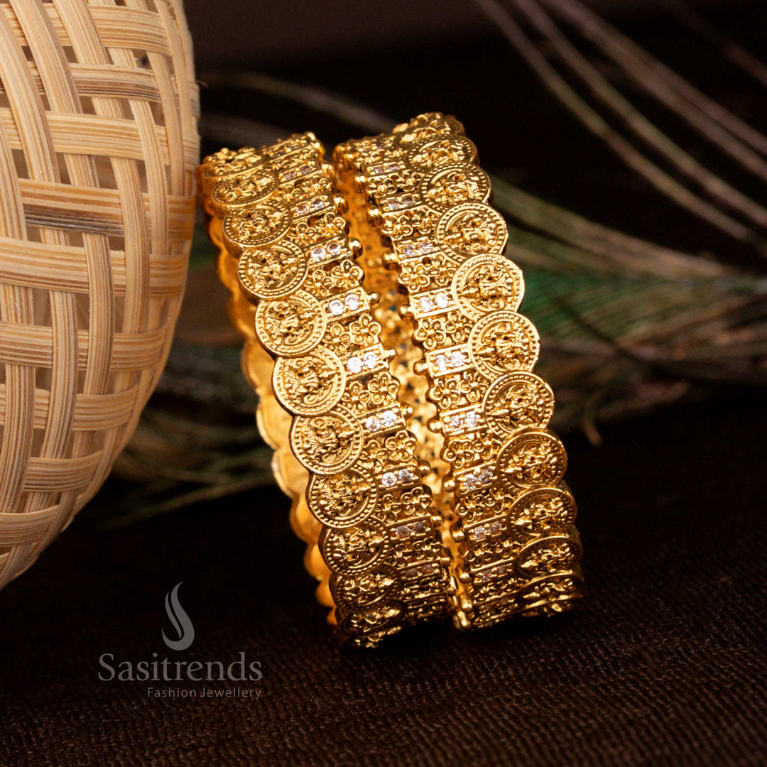 Opulent temple matte gold Lakshmi coin bangles encrusted with frosted pearl white crystals for a luxurious bridal style - Sasitrends