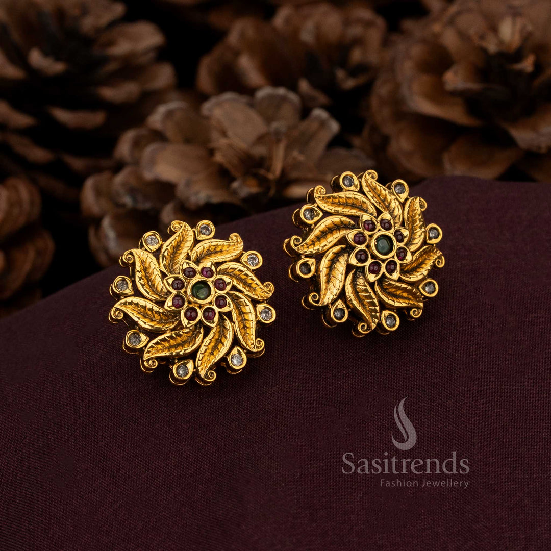 Exquisite antique circular floral stud earrings with matte gold finish and ornamental leaf motif patterns created for regal weddings cultural majesty and noble jewellery elegance – Sasitrends