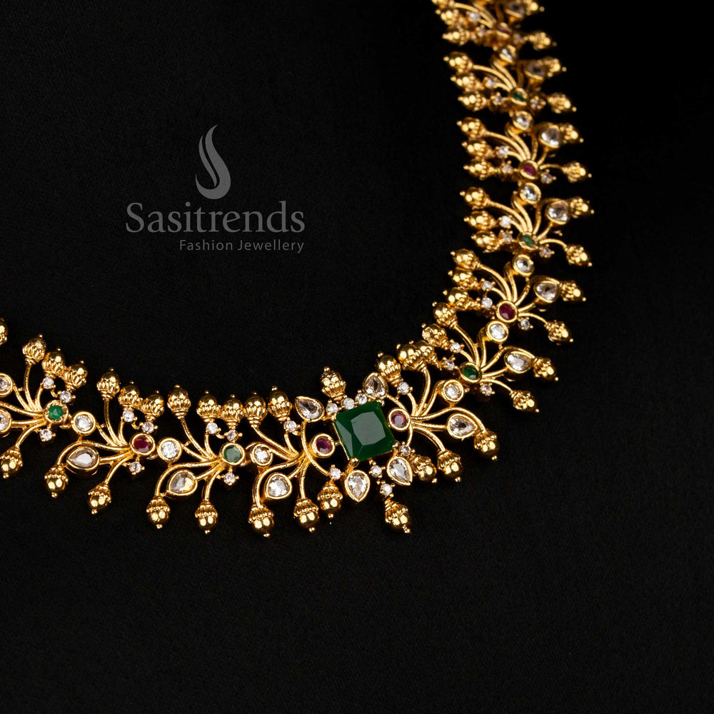 Luxurious Handcrafted Matte Gold Multi Stone Floral Choker Necklace Set With Pearl Jhumkas Perfect For Elegant Festival Collections - Sasitrends