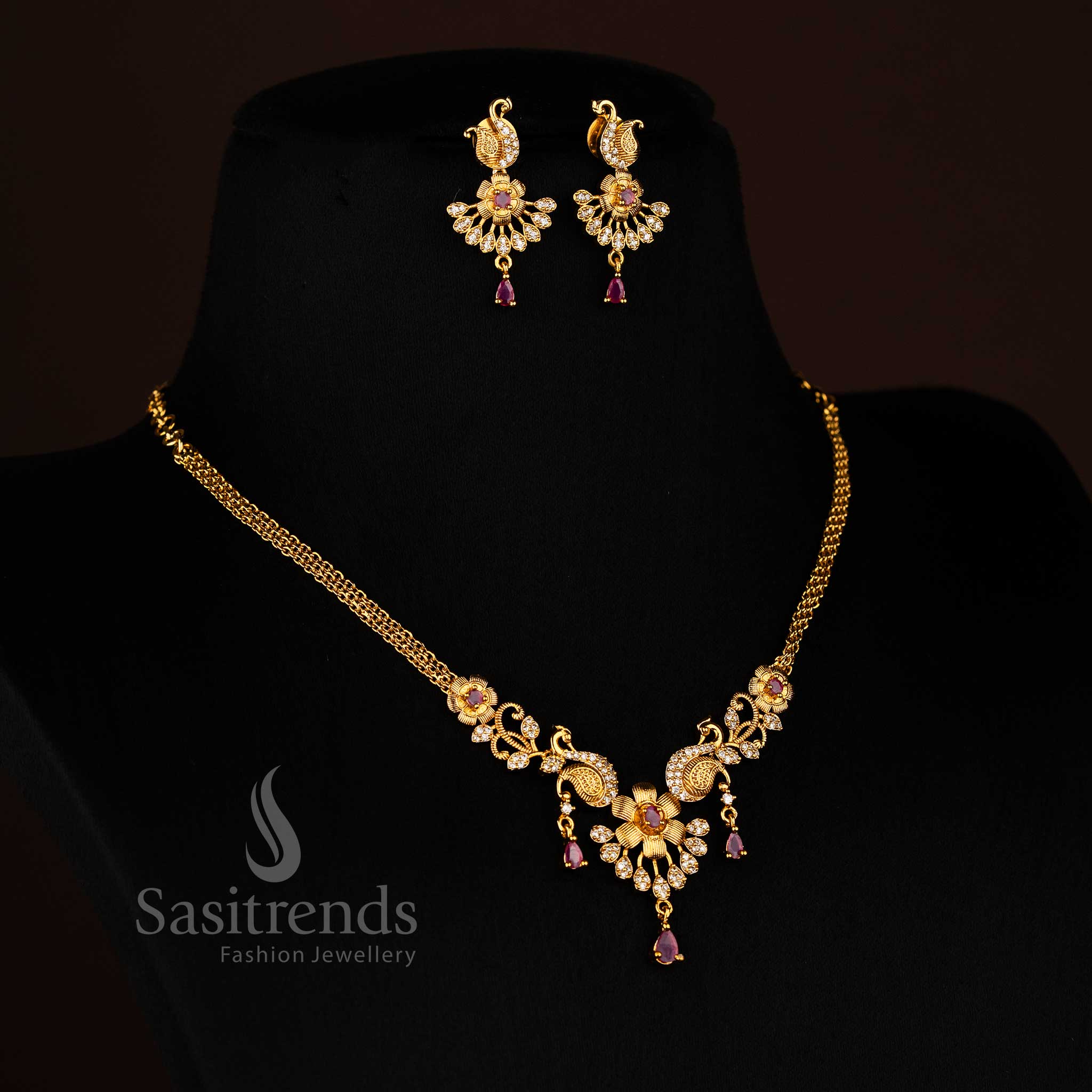 Vibrant Peacock Necklace Set: white-ruby-Color American Diamonds - Sasitrends