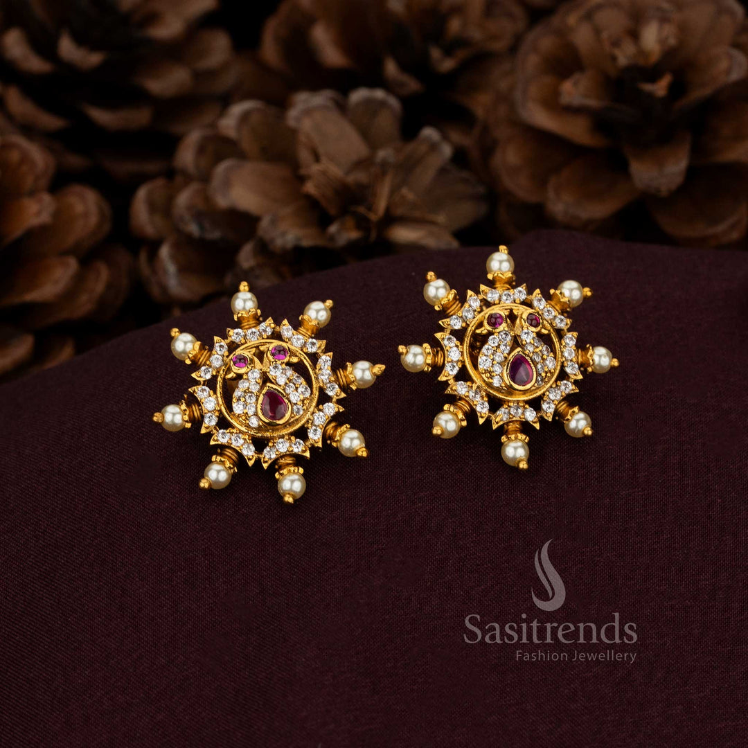Illustrious Peacock Inspired Teardrop Stud Earrings Featuring Noble Matte Gold And Resplendent Pearl Accents – Sasitrends
