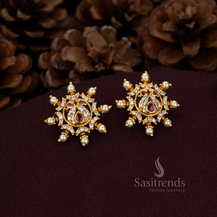 Gorgeous Matte Gold Plated Peacock Teardrop Stud Earrings With Marquise Pearl Accents