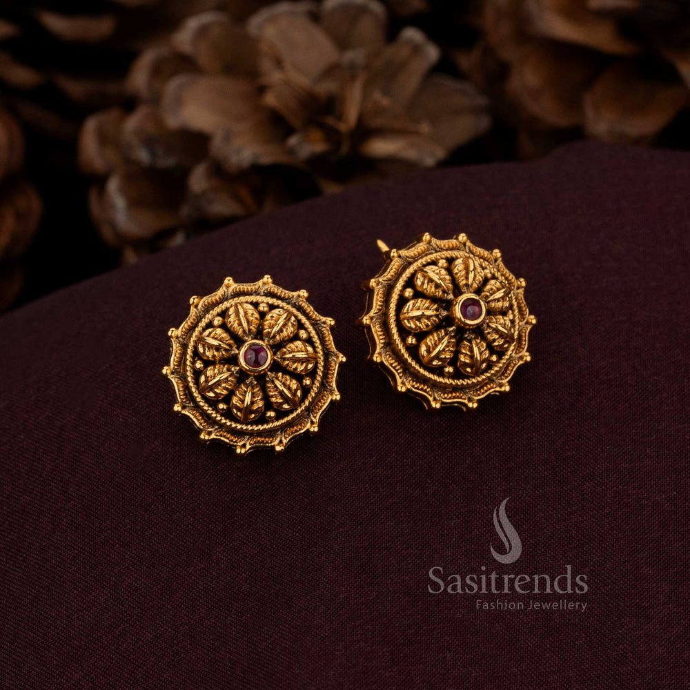 Illustrious Floral leaf Stud Earrings Crafted In Matte Gold With Splendid Ornamental Detailing – Aristocratic Heritage Jewellery Designed For Grand Celebrations And Timeless Elegance – Sasitrends