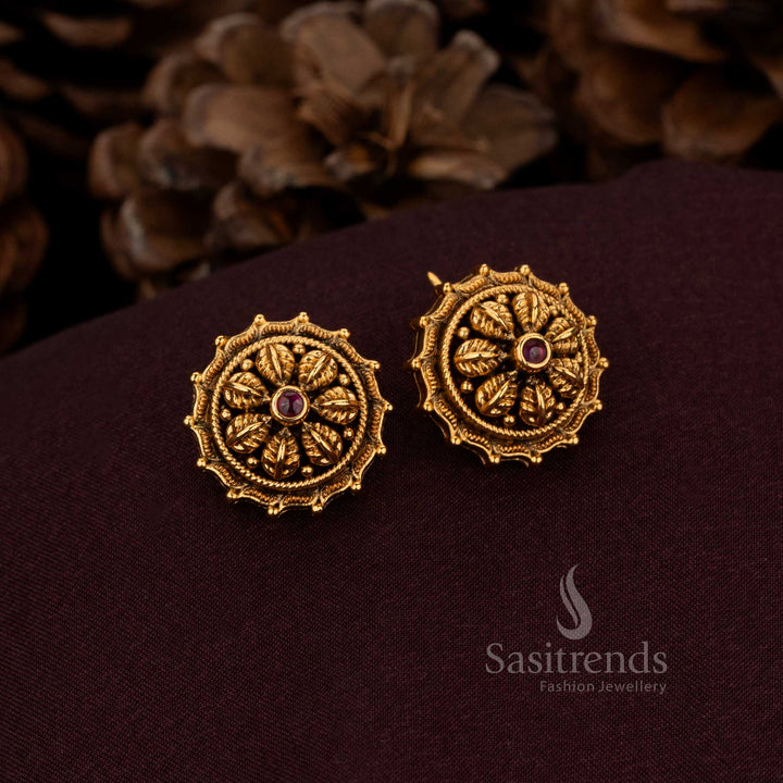 Illustrious Floral leaf Stud Earrings Crafted In Matte Gold With Splendid Ornamental Detailing – Aristocratic Heritage Jewellery Designed For Grand Celebrations And Timeless Elegance – Sasitrends