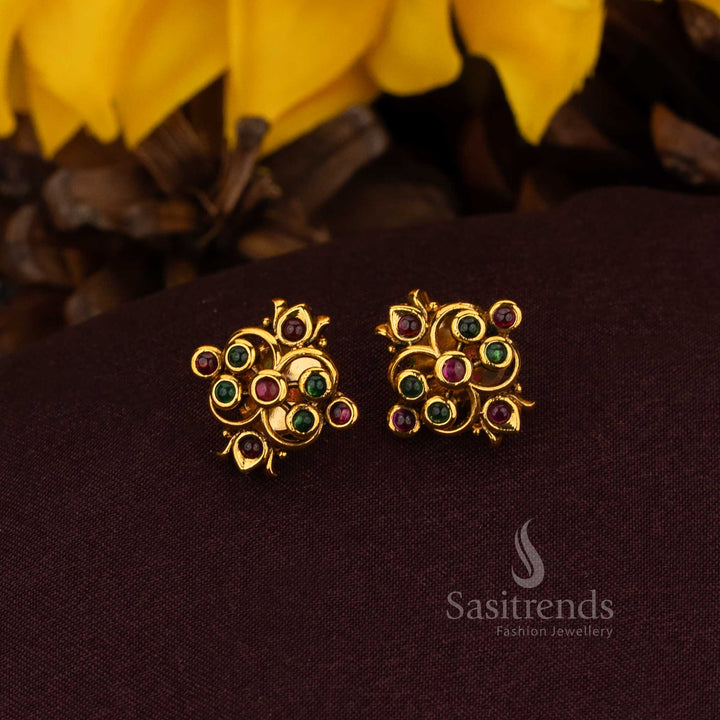 Illustrious ruby green AD cluster earrings designed with ornamental matte gold artistry perfect for noble brides regal heritage events and splendid jewellery collections – Sasitrends