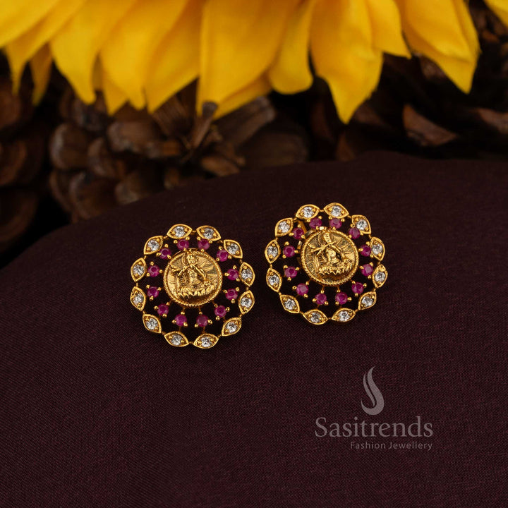 Exquisite white ruby Krishna motif circular floral earrings crafted in ornamental matte gold highlighting divine craftsmanship for celestial weddings and noble jewellery elegance – Sasitrends