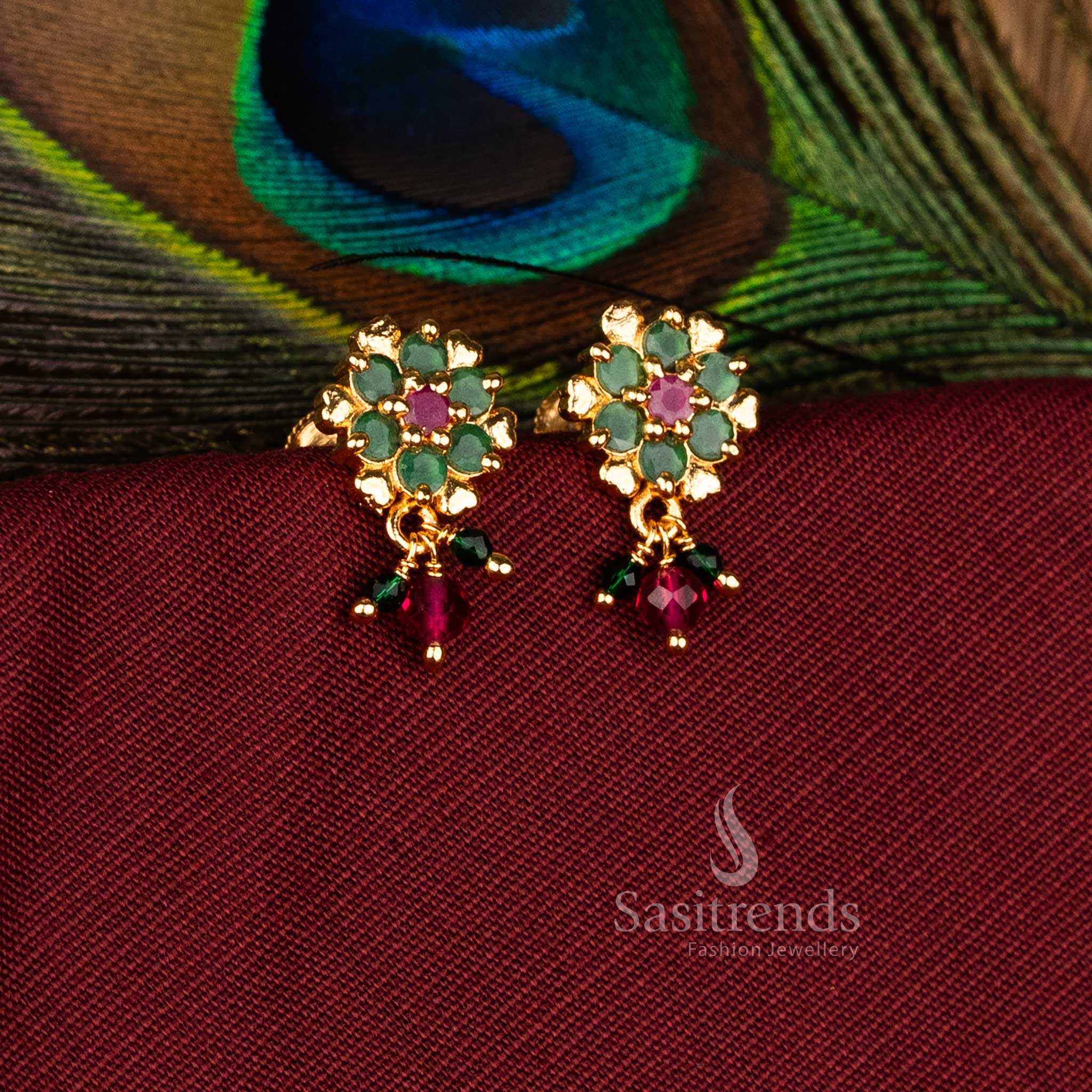Opulent Micro Gold Plated AD Starburst Rosette Earrings with Pearls in Ruby-Green, Perfect for Party and Festive Jewellery – Sasitrends