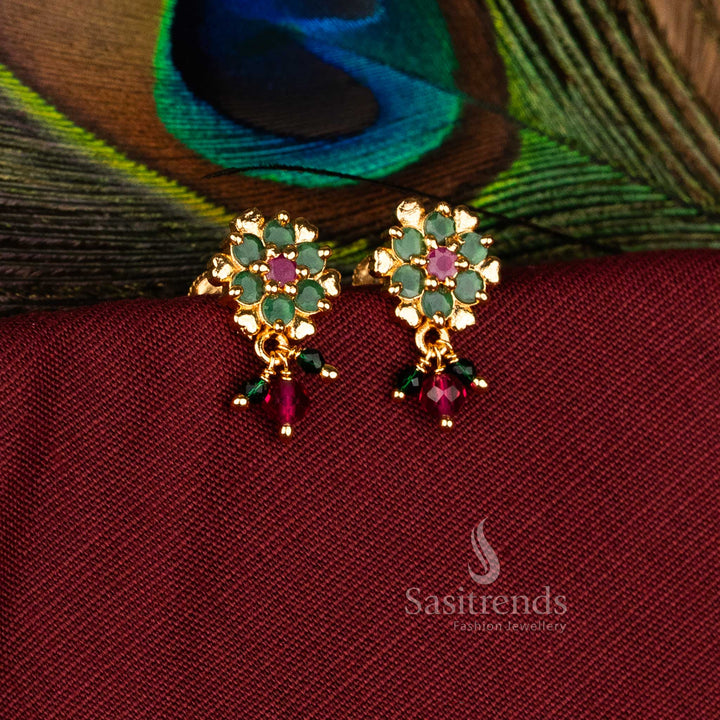 Opulent Micro Gold Plated AD Starburst Rosette Earrings with Pearls in Ruby-Green, Perfect for Party and Festive Jewellery – Sasitrends